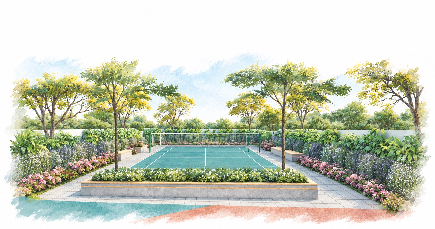 Watercolor rendering of the landscaped shuttle badminton court