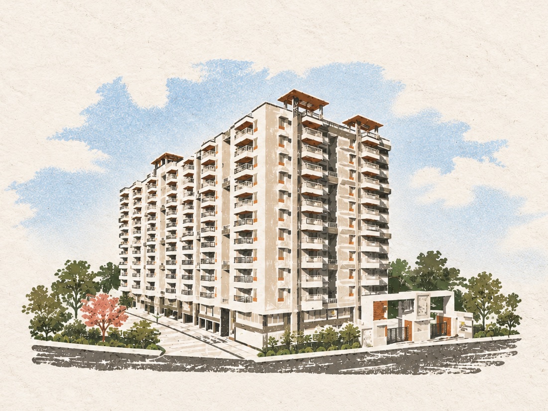 Watercolor illustration of the Super Homes Abhirama tower exterior